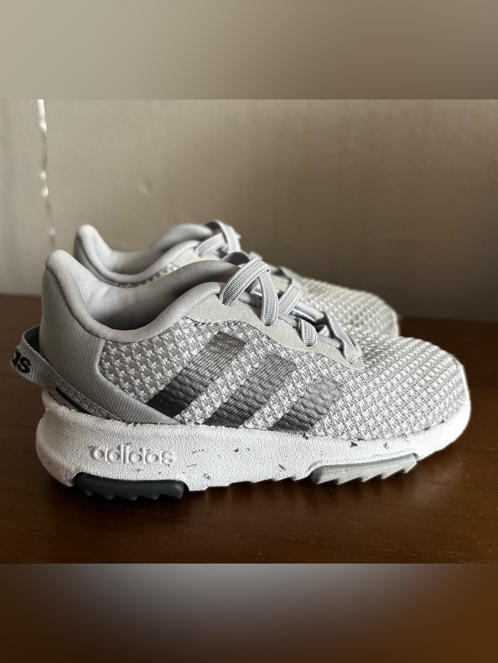 adidas Kids Gray Knit Sneakers with Signature Stripes